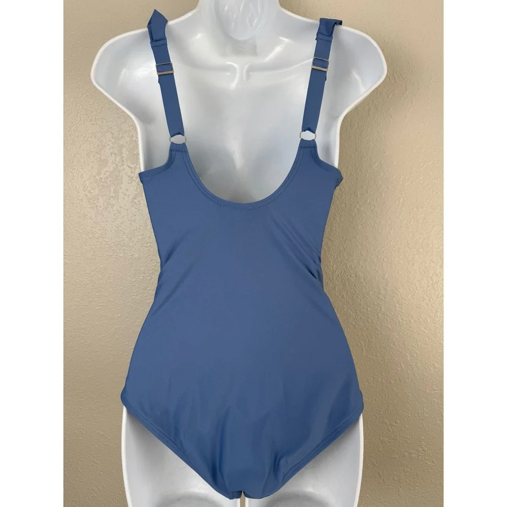 DKNY Blue Ruffle V-Neck Ruched One Piece Swimsuit Slimming Scoop Back S - Picture 5 of 8